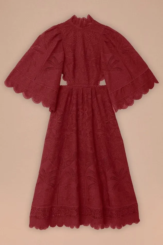 Dark Magenta Guipire CutOut Midi Dress Women FARM Rio Midi Dresses