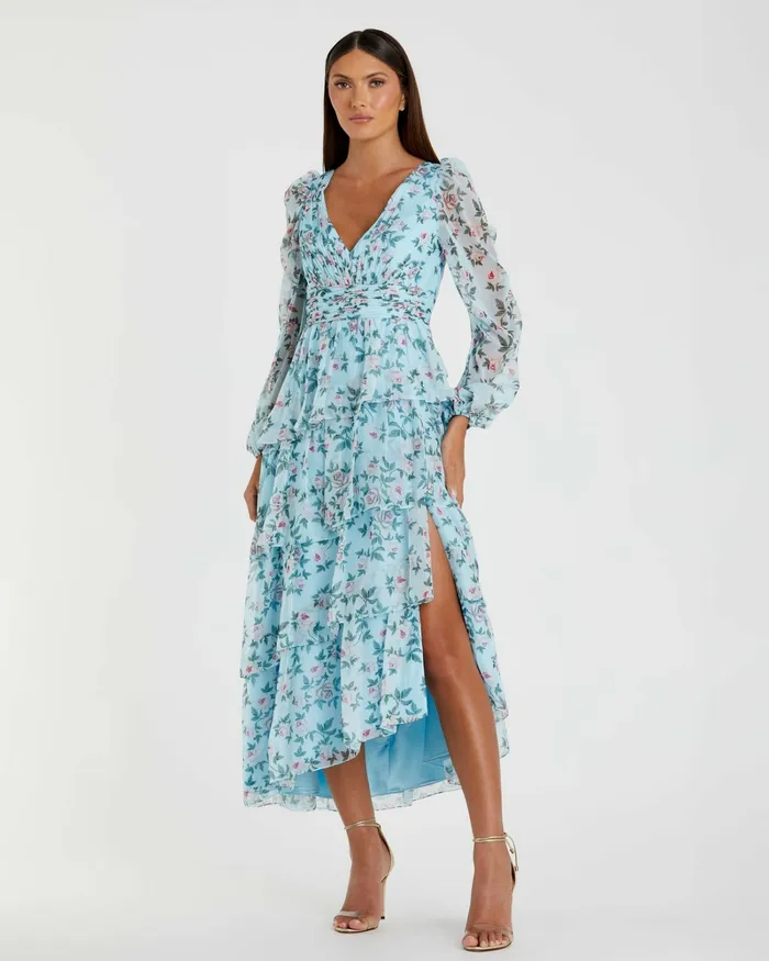 Daytime Dresses Mac Duggal Women Puff Sleeve Floral Printed Dress Aqua Multi