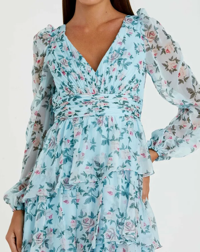 Daytime Dresses Mac Duggal Women Puff Sleeve Floral Printed Dress Aqua Multi