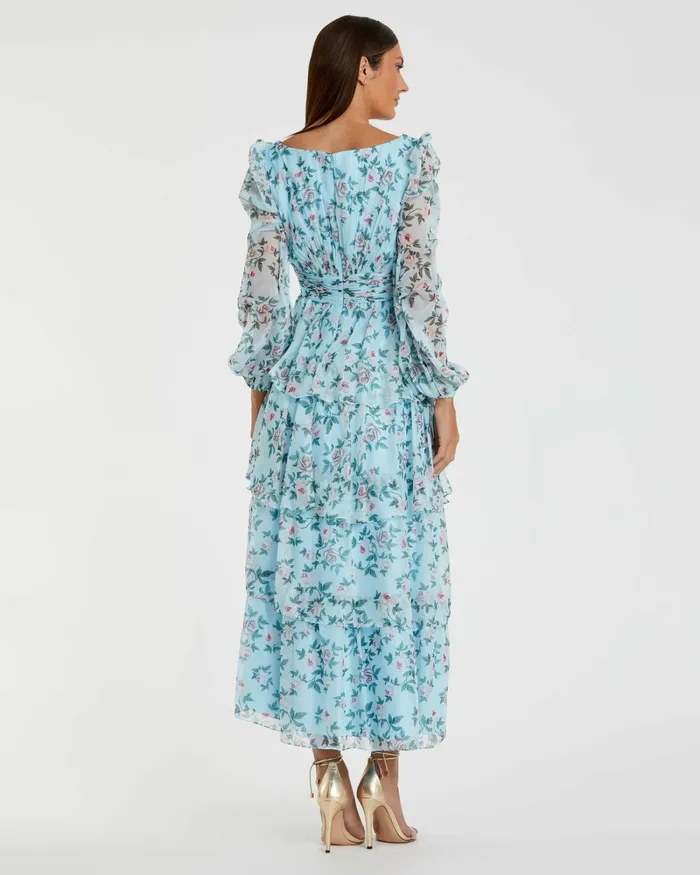 Daytime Dresses Mac Duggal Women Puff Sleeve Floral Printed Dress Aqua Multi