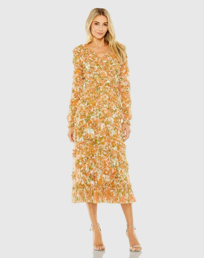 Daytime Dresses Women Long Sleeve Low Back Floral V Neck Ruffle Dress Orange Multi Mac Duggal