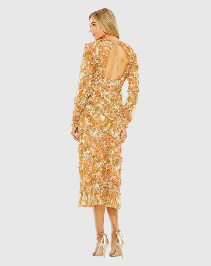 Daytime Dresses Women Long Sleeve Low Back Floral V Neck Ruffle Dress Orange Multi Mac Duggal