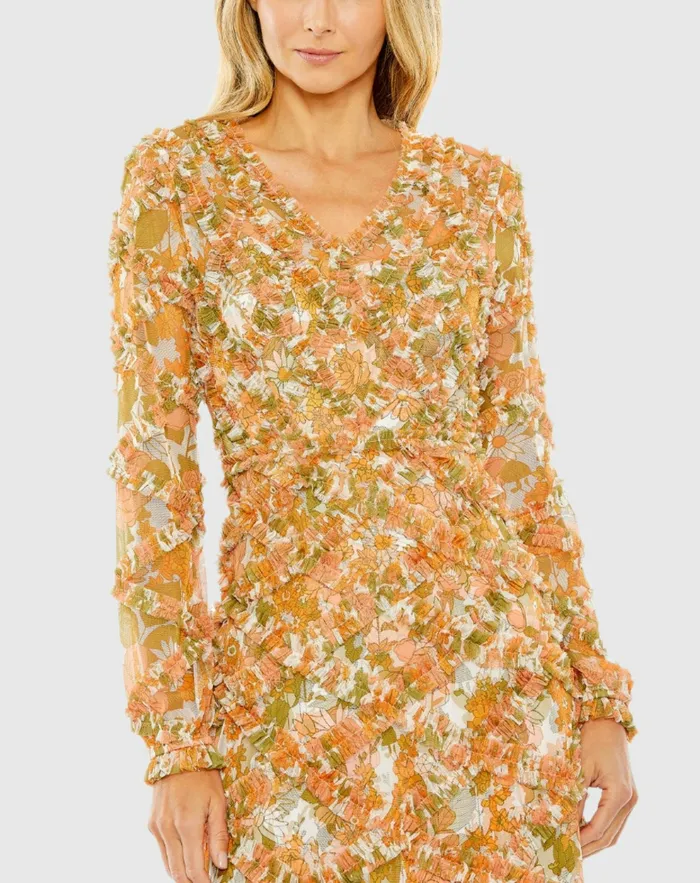 Daytime Dresses Women Long Sleeve Low Back Floral V Neck Ruffle Dress Orange Multi Mac Duggal