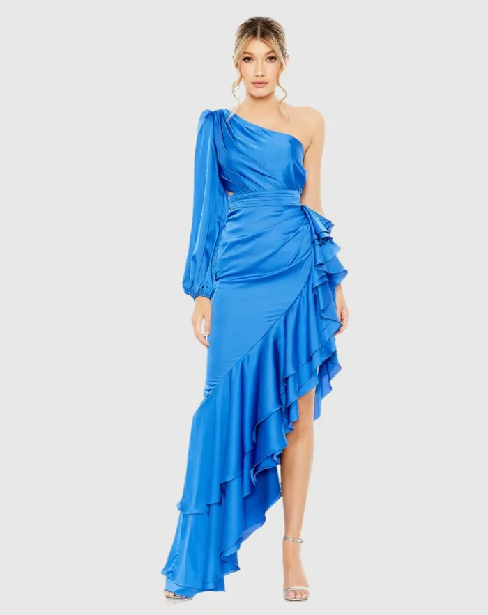 Daytime Dresses Women Mac Duggal One Sleeve Cut Out Asymmetrical Ruffled Gown Cobalt