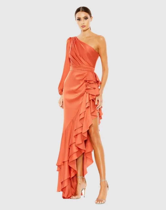 Daytime Dresses Women Mac Duggal One Sleeve Cut Out Asymmetrical Ruffled Gown Cobalt