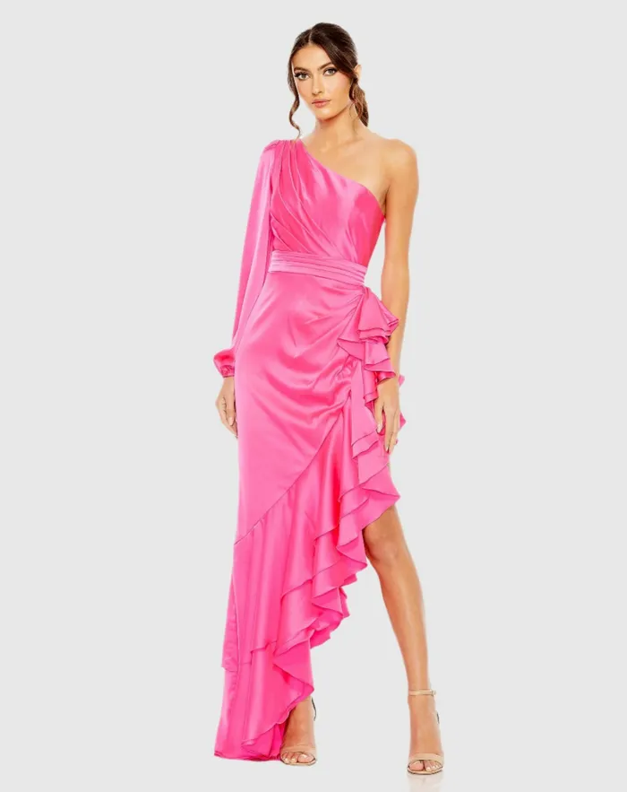 Daytime Dresses Women Mac Duggal One Sleeve Cut Out Asymmetrical Ruffled Gown Cobalt