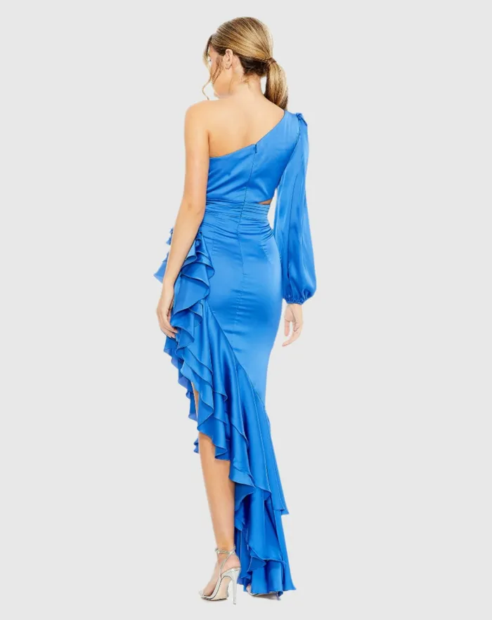 Daytime Dresses Women Mac Duggal One Sleeve Cut Out Asymmetrical Ruffled Gown Cobalt
