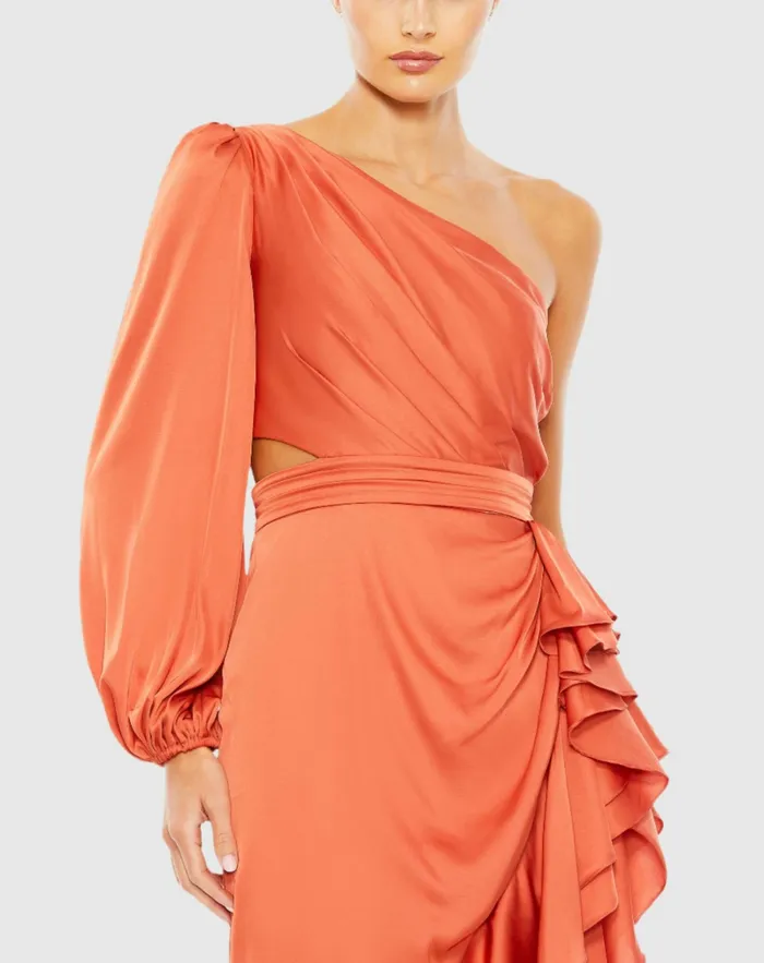 Daytime Dresses Women Mac Duggal One Sleeve Cut Out Asymmetrical Ruffled Gown Cobalt