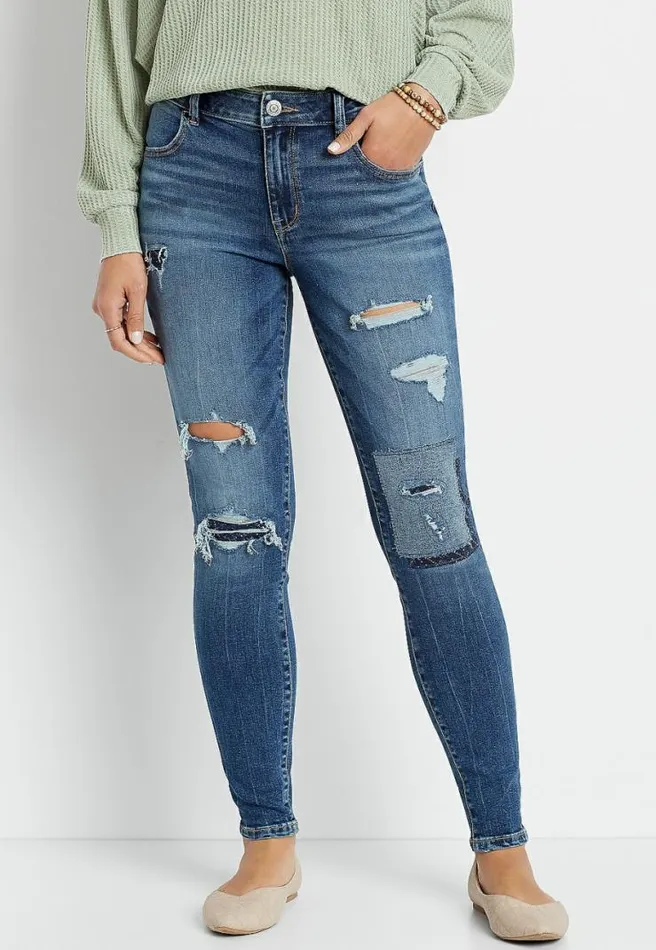 Denimflex High Rise Dark Patchwork Destructed Jegging Women Maurices Jeans