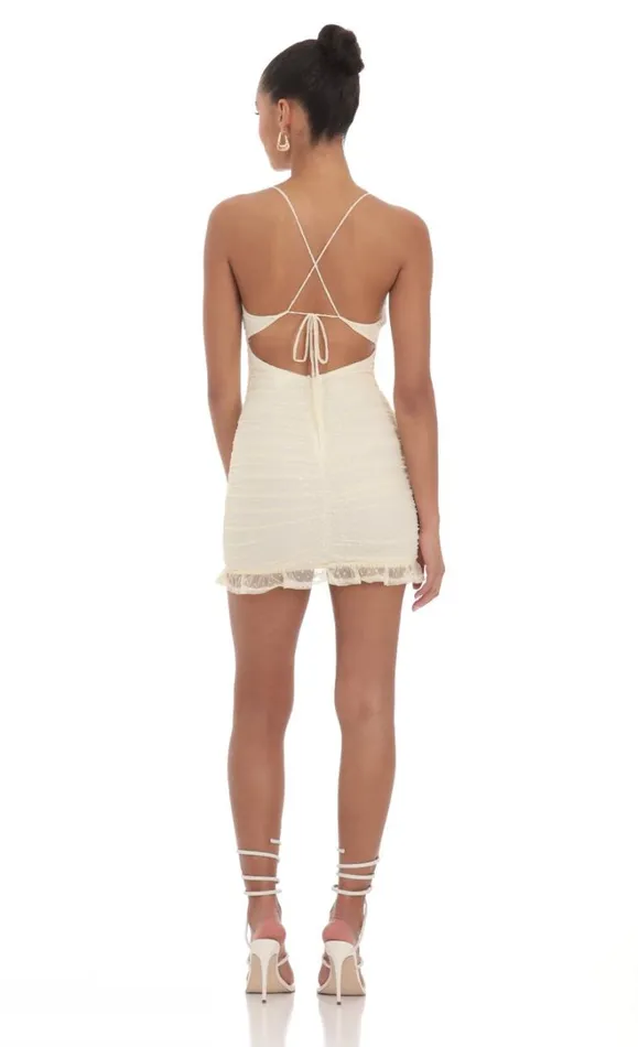 Dotted Mesh Ruched Dress Cream Women LUCY IN THE SKY Mini Dresses