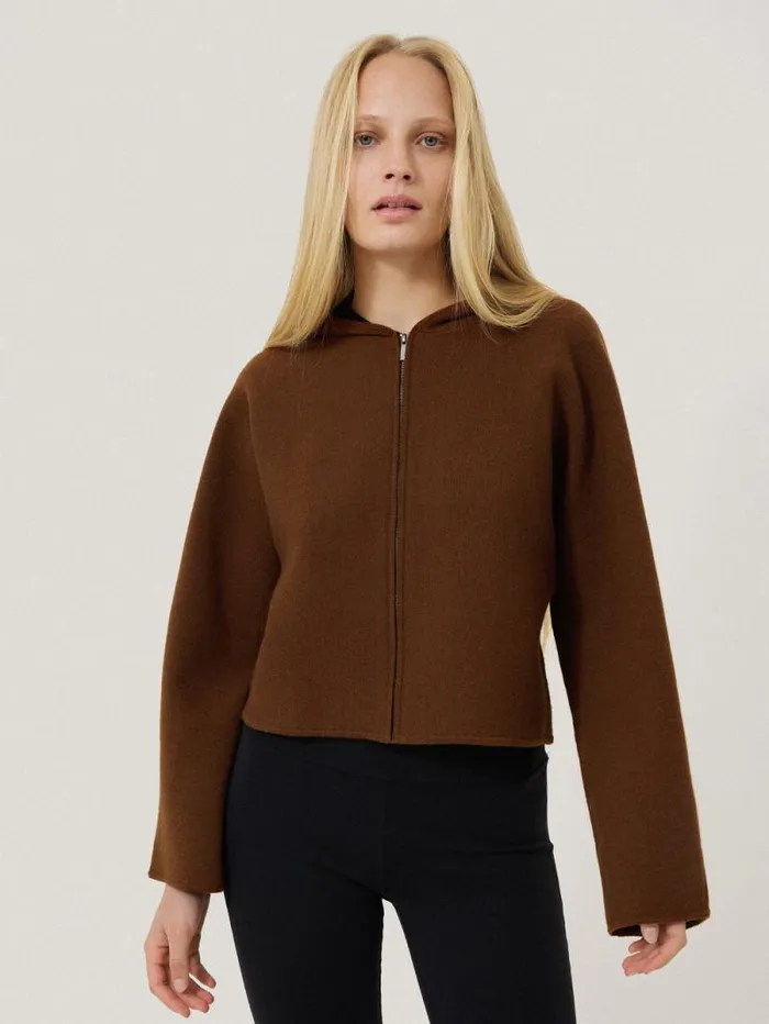 Double Face Zip Hoodie Brown Women Jigsaw Knitwear and Cashmere