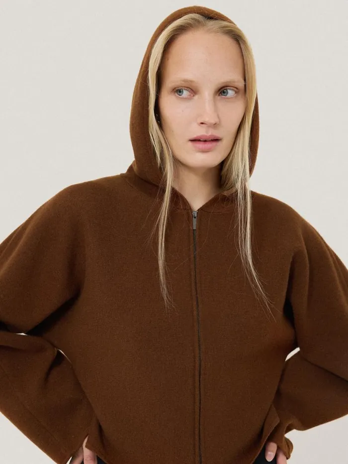 Double Face Zip Hoodie Brown Women Jigsaw Knitwear and Cashmere