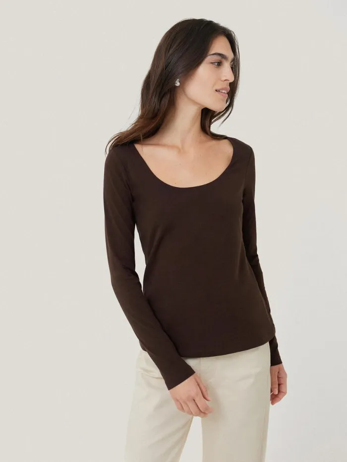 Double Front Ballet Neck Top Brown Women Jigsaw Shirts and Tops