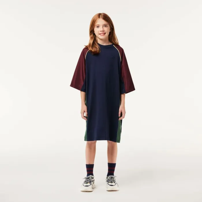 Dresses and Skirts Kids Lacoste Kids039 Contrast Panel Cotton TShirt Dress Bordeaux Flashy Yellow Navy Blue Dark Green Kti