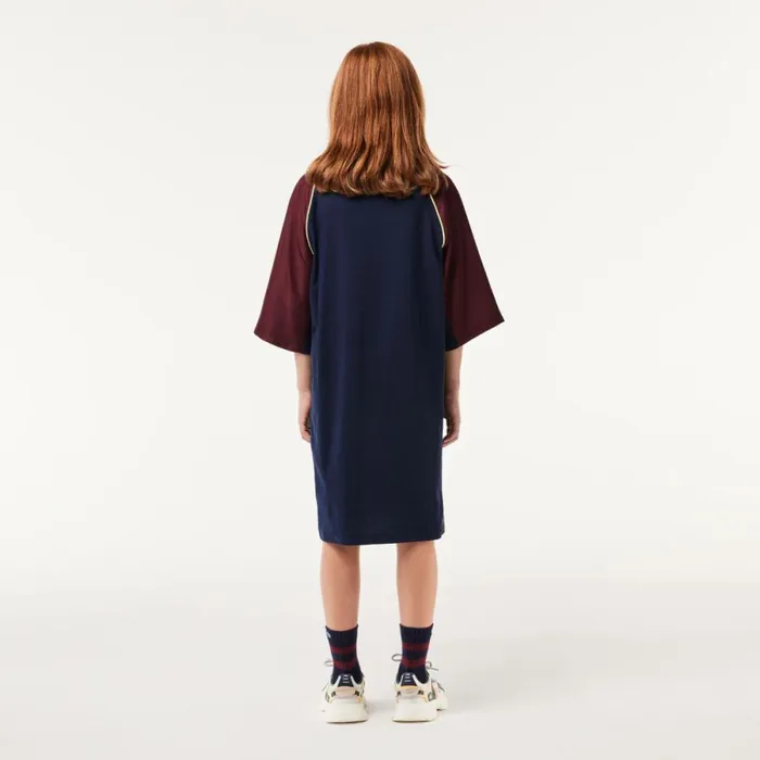 Dresses and Skirts Kids Lacoste Kids039 Contrast Panel Cotton TShirt Dress Bordeaux Flashy Yellow Navy Blue Dark Green Kti