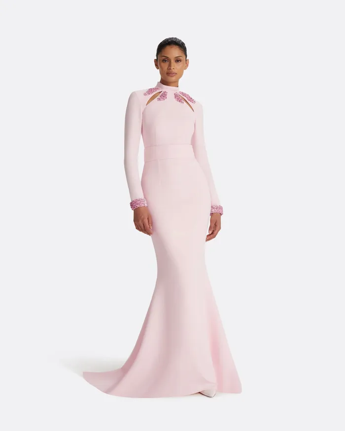 Dresses Kamala Pale Pink and Curled Leaf Embroidery Long Dress Barely Pink 8211 Safiyaa Women