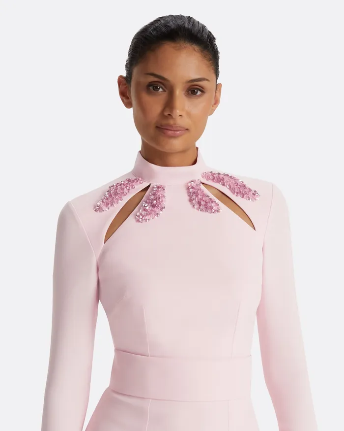 Dresses Kamala Pale Pink and Curled Leaf Embroidery Long Dress Barely Pink 8211 Safiyaa Women