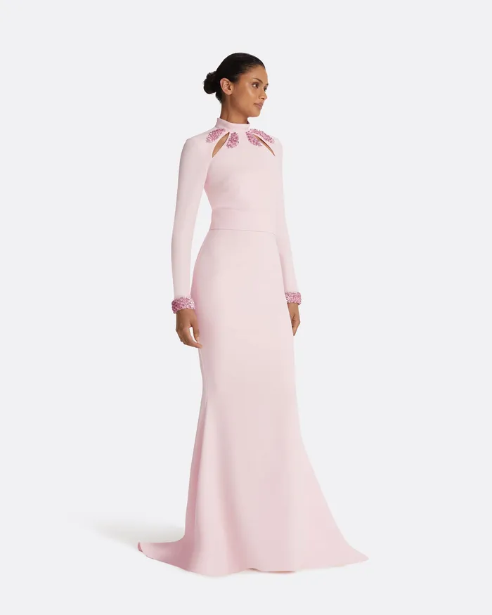 Dresses Kamala Pale Pink and Curled Leaf Embroidery Long Dress Barely Pink 8211 Safiyaa Women