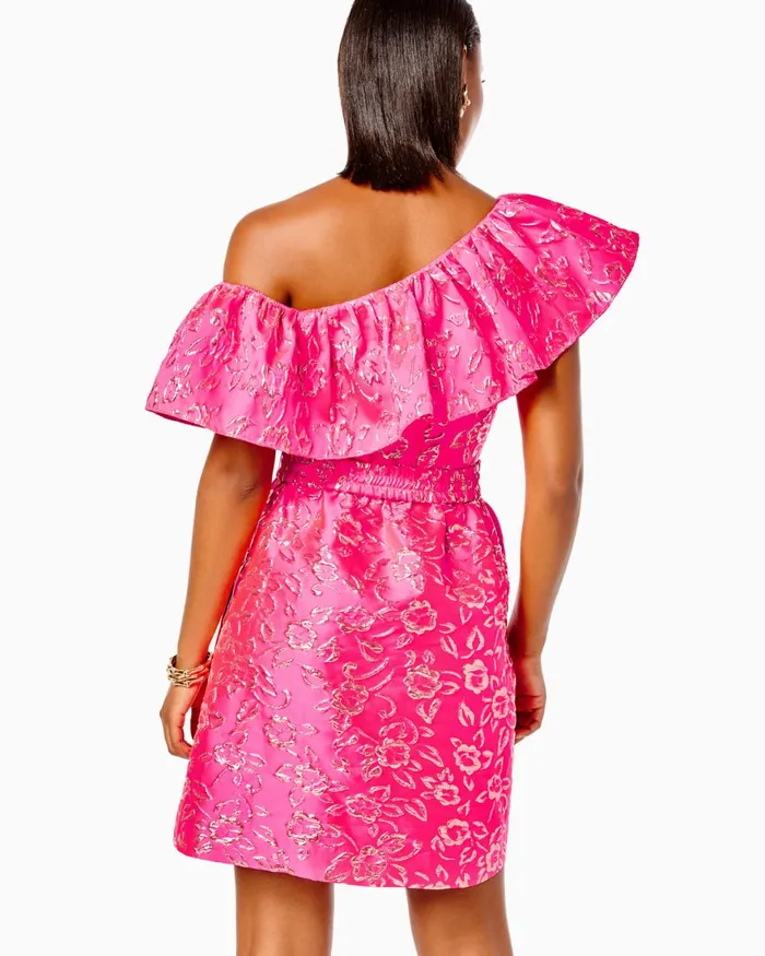 Dresses Women Lilly Pulitzer Shannie OneShoulder Dress Pink Grenadine Gold Puff Floral Brocade