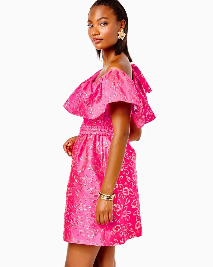 Dresses Women Lilly Pulitzer Shannie OneShoulder Dress Pink Grenadine Gold Puff Floral Brocade