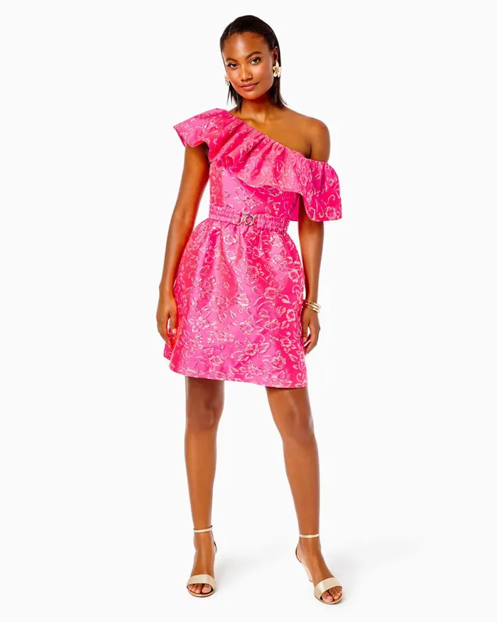 Dresses Women Lilly Pulitzer Shannie OneShoulder Dress Pink Grenadine Gold Puff Floral Brocade