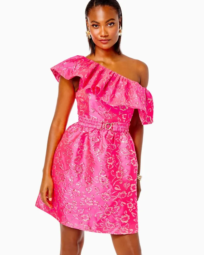 Dresses Women Lilly Pulitzer Shannie OneShoulder Dress Pink Grenadine Gold Puff Floral Brocade