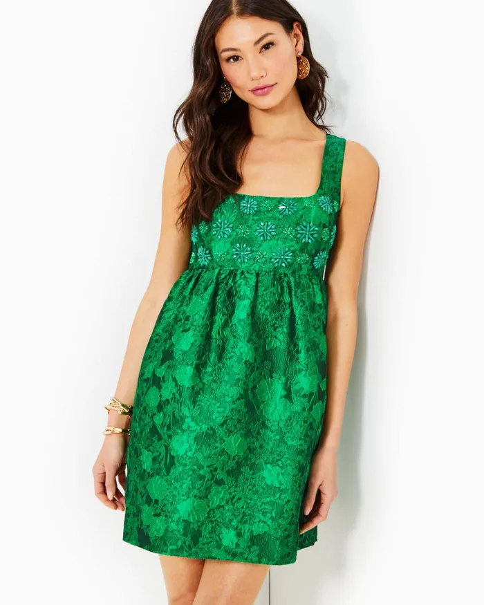 Dresses Women Lilly Pulitzer Shannie OneShoulder Dress Pink Grenadine Gold Puff Floral Brocade