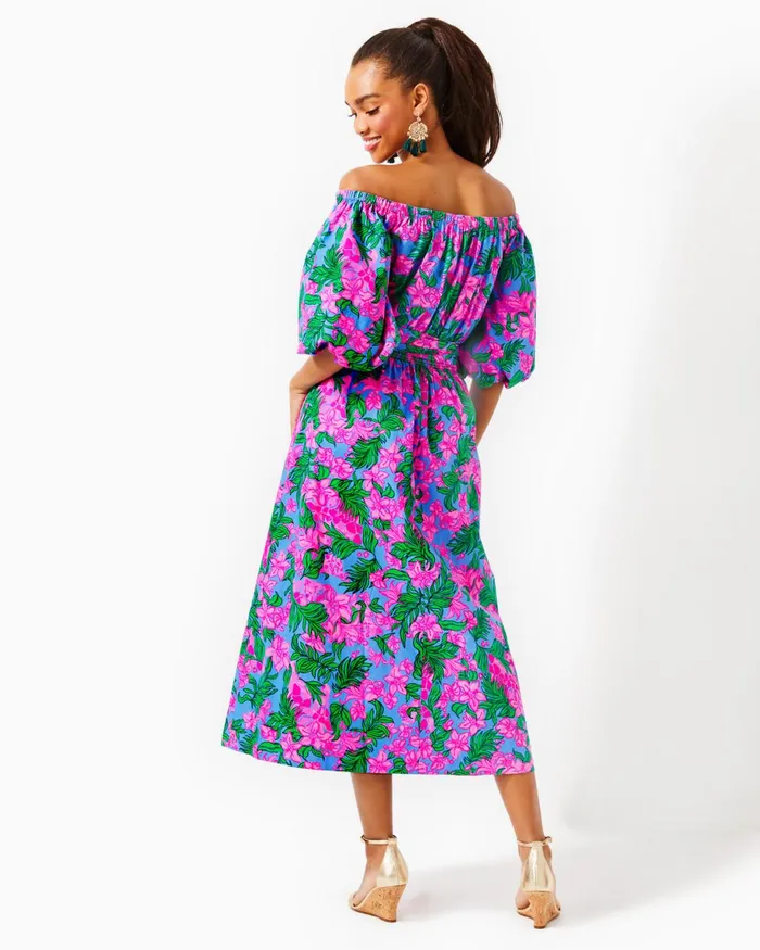 Dresses Women Lilly Pulitzer Shawnlee Elbow Sleeve OffTheShoulder Cotton Midi Dress Cerise Pink Safari Sunset