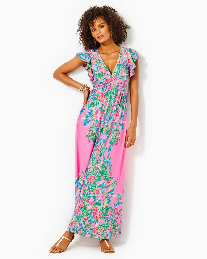 Dresses Women Lilly Pulitzer Shawnlee Elbow Sleeve OffTheShoulder Cotton Midi Dress Cerise Pink Safari Sunset