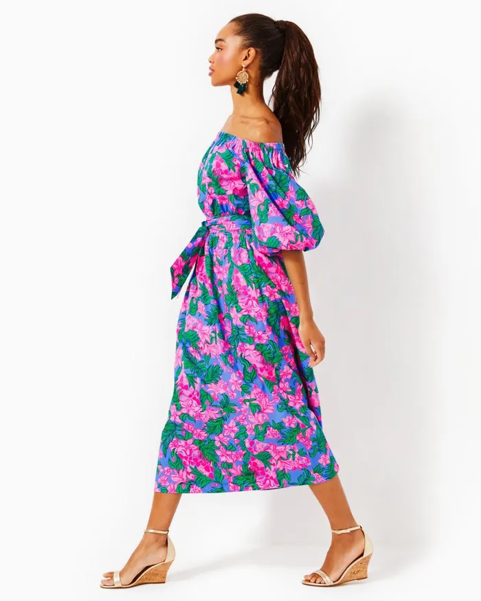 Dresses Women Lilly Pulitzer Shawnlee Elbow Sleeve OffTheShoulder Cotton Midi Dress Cerise Pink Safari Sunset