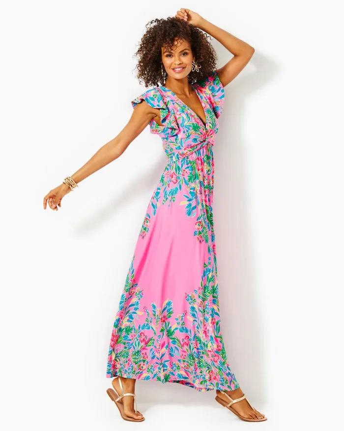 Dresses Women Lilly Pulitzer Shawnlee Elbow Sleeve OffTheShoulder Cotton Midi Dress Cerise Pink Safari Sunset