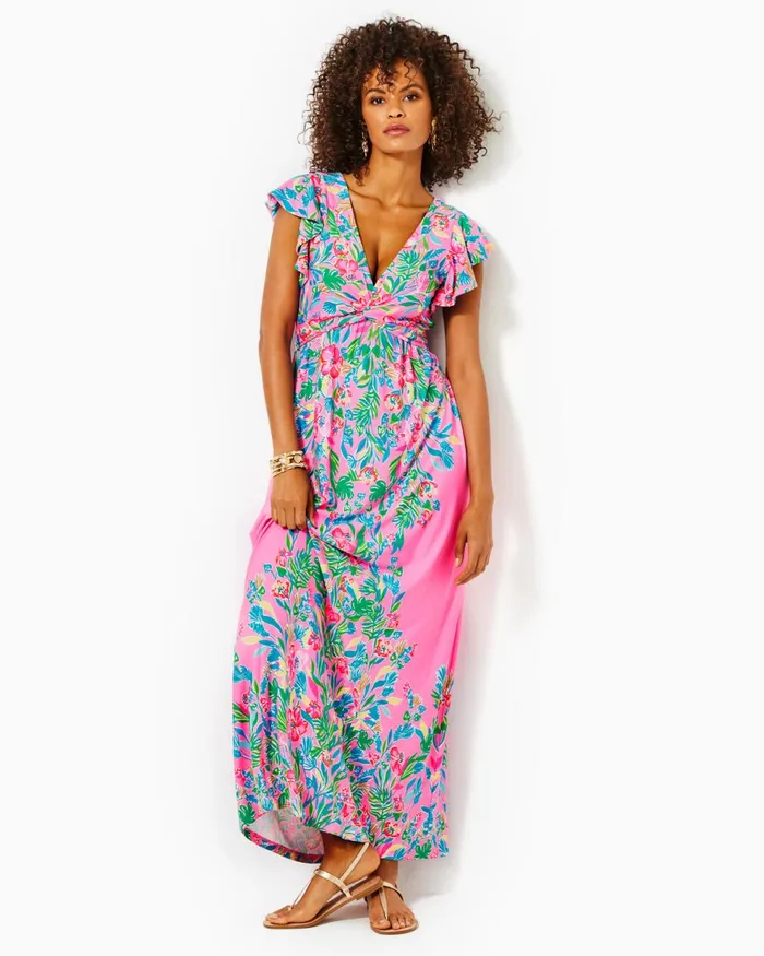 Dresses Women Lilly Pulitzer Shawnlee Elbow Sleeve OffTheShoulder Cotton Midi Dress Cerise Pink Safari Sunset