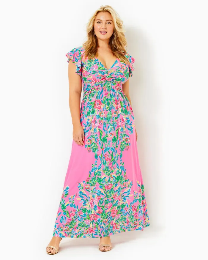 Dresses Women Lilly Pulitzer Shawnlee Elbow Sleeve OffTheShoulder Cotton Midi Dress Cerise Pink Safari Sunset
