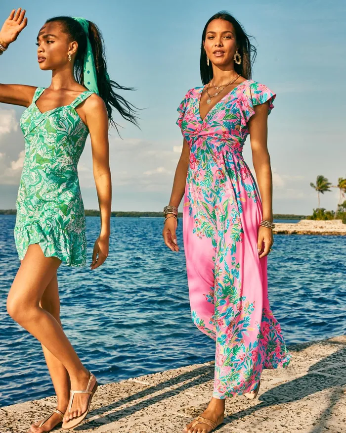 Dresses Women Lilly Pulitzer Shawnlee Elbow Sleeve OffTheShoulder Cotton Midi Dress Cerise Pink Safari Sunset