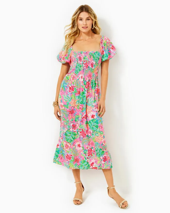Dresses Women Lilly Pulitzer Shawnlee Elbow Sleeve OffTheShoulder Cotton Midi Dress Cerise Pink Safari Sunset