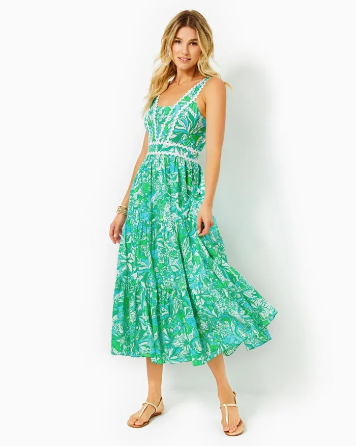 Dresses Women Lilly Pulitzer Shawnlee Elbow Sleeve OffTheShoulder Cotton Midi Dress Cerise Pink Safari Sunset