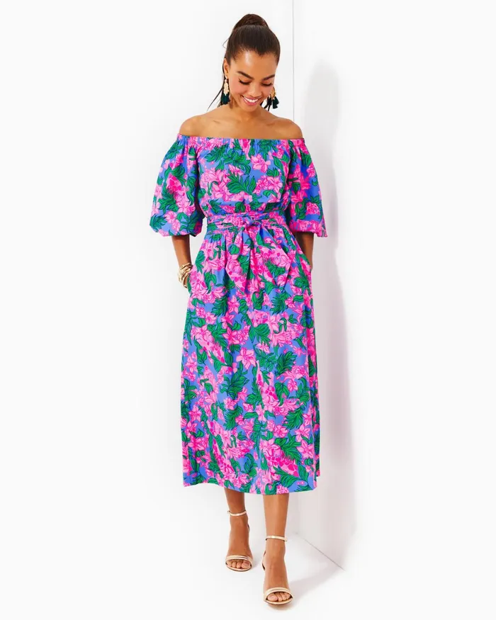 Dresses Women Lilly Pulitzer Shawnlee Elbow Sleeve OffTheShoulder Cotton Midi Dress Cerise Pink Safari Sunset