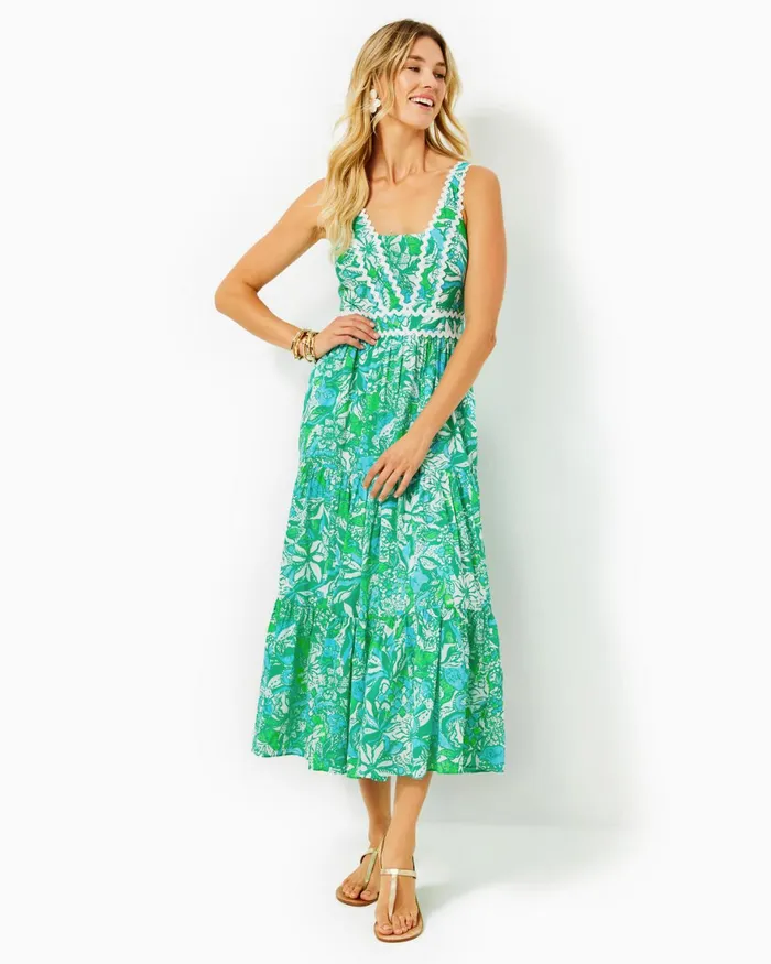 Dresses Women Lilly Pulitzer Shawnlee Elbow Sleeve OffTheShoulder Cotton Midi Dress Cerise Pink Safari Sunset