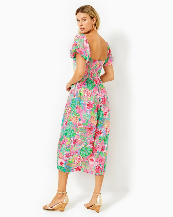 Dresses Women Lilly Pulitzer Shawnlee Elbow Sleeve OffTheShoulder Cotton Midi Dress Cerise Pink Safari Sunset