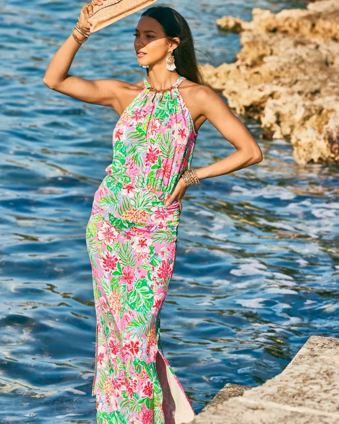 Dresses Women Lilly Pulitzer Shawnlee Elbow Sleeve OffTheShoulder Cotton Midi Dress Cerise Pink Safari Sunset