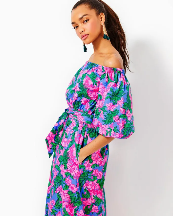 Dresses Women Lilly Pulitzer Shawnlee Elbow Sleeve OffTheShoulder Cotton Midi Dress Cerise Pink Safari Sunset