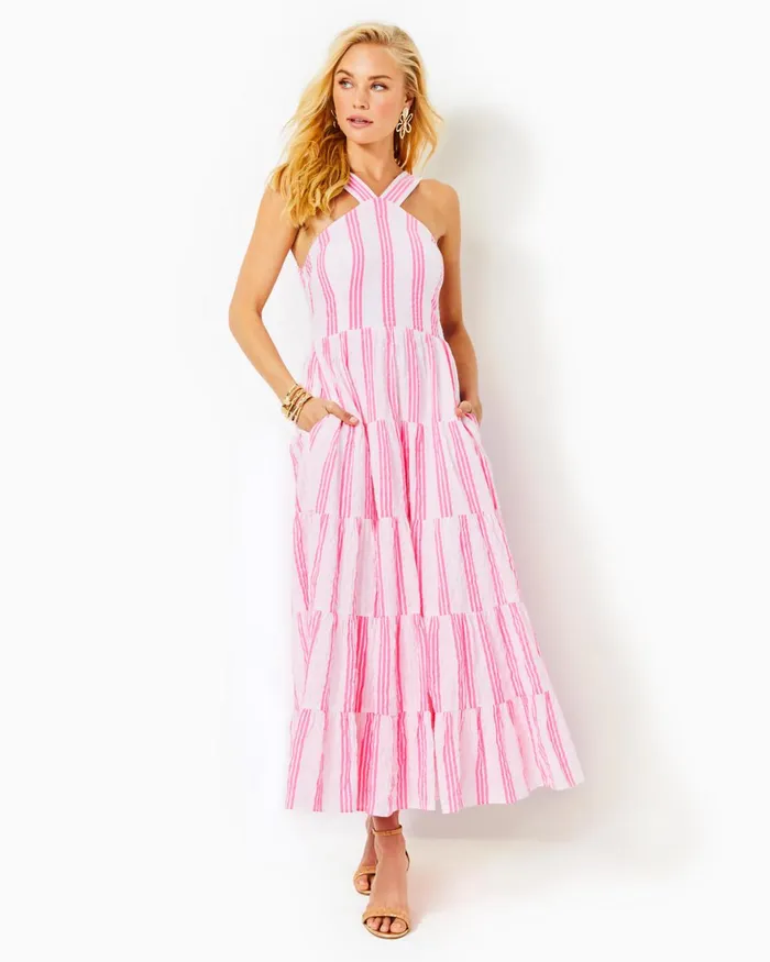 Dresses Women Lilly Pulitzer Shawnlee Elbow Sleeve OffTheShoulder Cotton Midi Dress Cerise Pink Safari Sunset