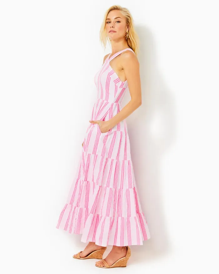 Dresses Women Lilly Pulitzer Shawnlee Elbow Sleeve OffTheShoulder Cotton Midi Dress Cerise Pink Safari Sunset