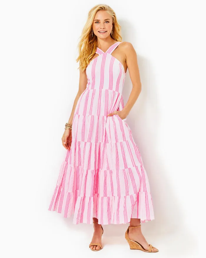 Dresses Women Lilly Pulitzer Shawnlee Elbow Sleeve OffTheShoulder Cotton Midi Dress Cerise Pink Safari Sunset