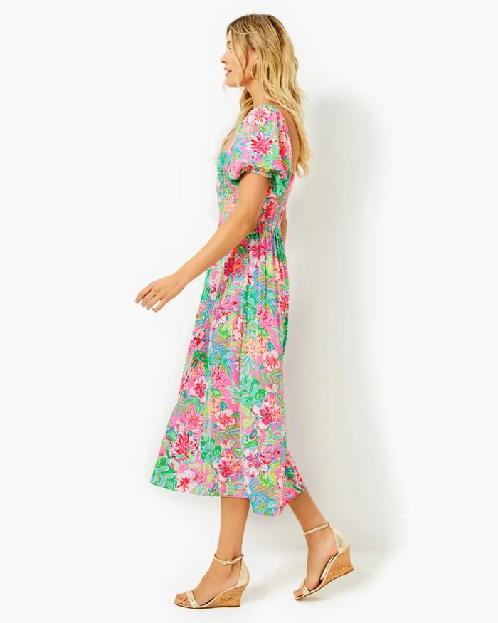Dresses Women Lilly Pulitzer Shawnlee Elbow Sleeve OffTheShoulder Cotton Midi Dress Cerise Pink Safari Sunset