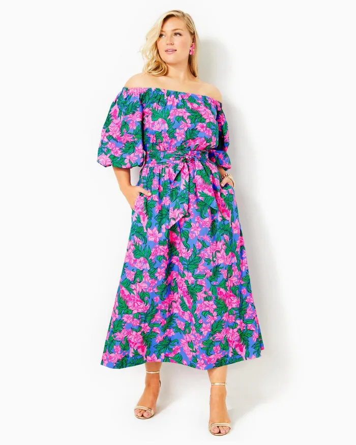 Dresses Women Lilly Pulitzer Shawnlee Elbow Sleeve OffTheShoulder Cotton Midi Dress Cerise Pink Safari Sunset