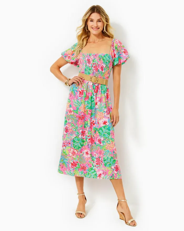 Dresses Women Lilly Pulitzer Shawnlee Elbow Sleeve OffTheShoulder Cotton Midi Dress Cerise Pink Safari Sunset