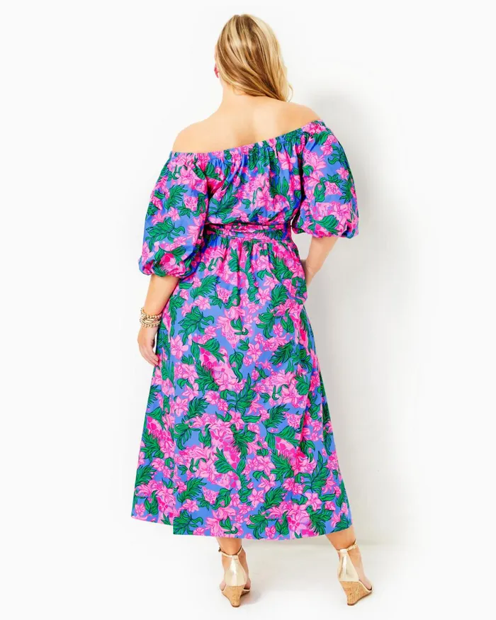 Dresses Women Lilly Pulitzer Shawnlee Elbow Sleeve OffTheShoulder Cotton Midi Dress Cerise Pink Safari Sunset