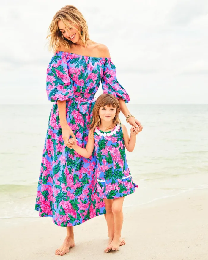 Dresses Women Lilly Pulitzer Shawnlee Elbow Sleeve OffTheShoulder Cotton Midi Dress Cerise Pink Safari Sunset