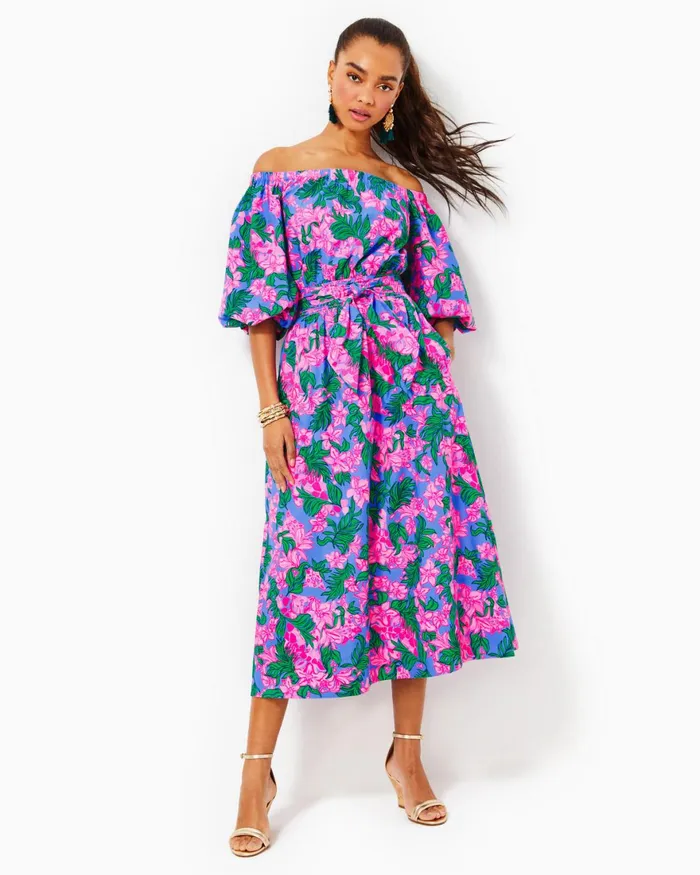 Dresses Women Lilly Pulitzer Shawnlee Elbow Sleeve OffTheShoulder Cotton Midi Dress Cerise Pink Safari Sunset